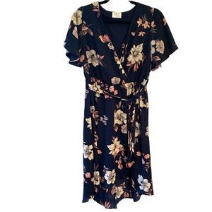 Sienna Sky Faux Wrap Navy Floral Dress Flutter Sleeves Women’s Size Medum